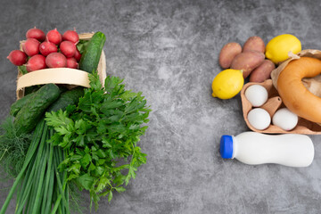 Ingredients for preparing tasty okroshka on gray background
