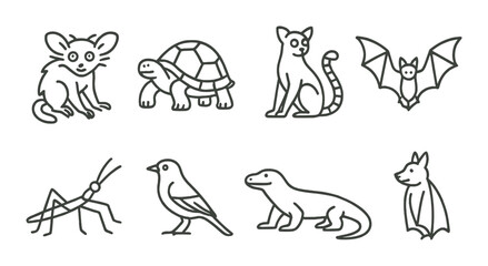 Wildlife and nature linear icon set. animal and creature minimalist symbols