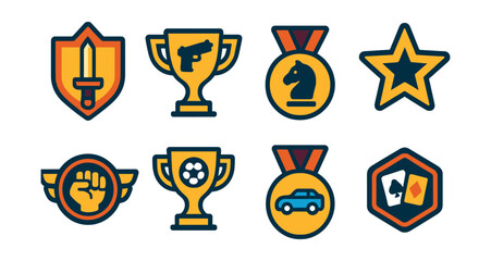 Flat vector icons of game genres in esports: MOBA battle badge, FPS tournament trophy, RTS strategy challenge medal, battle royale top player star, fighting game champion badge, sports simulation