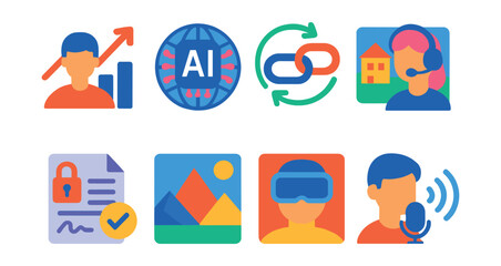 Fototapeta premium Flat vector icons of metaverse trends and innovation: trend graph with avatar, AI world builder, interoperability icon, user-generated world, smart contract integration, low-poly trend, VR-native UX,