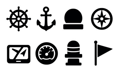 Nautical and maritime silhouette icon set. navigation and sea symbols