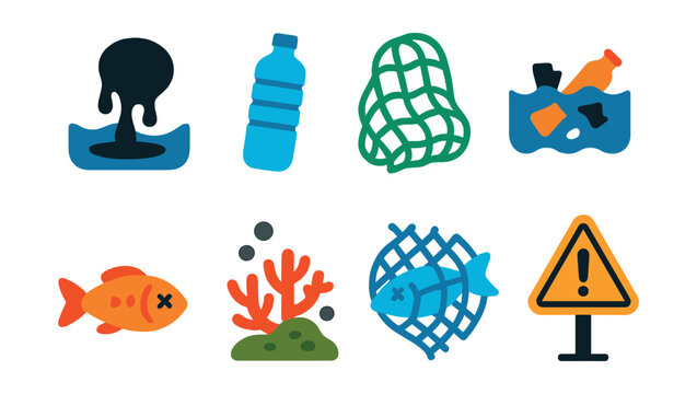 Flat vector icons of ocean pollution: oil spill, plastic bottle, tangled net, trash floating, dead fish, polluted reef, ghost gear, warning sign.