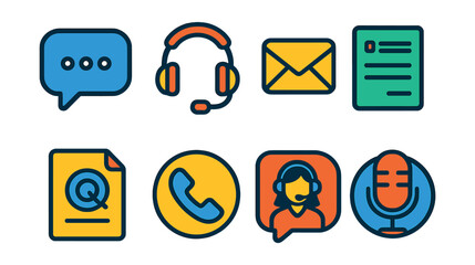 Flat vector icons of customer communication channels: live chat bubble, call center phone, support email icon, contact form symbol, FAQ sheet, support hotline icon, chat with agent badge, feedback