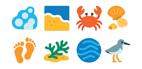 Naklejka premium Flat vector icons of beach and shore life: sea foam, tide line, beach crab, small shells, footprints in sand, washed-up seaweed, ocean ripple, shorebird.