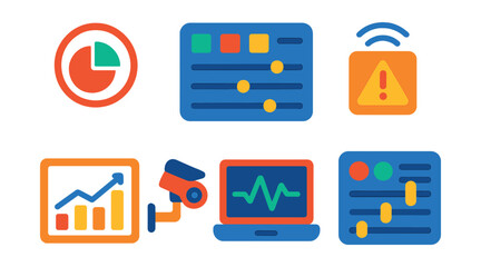 Flat vector icons of IoT monitoring and control: real-time status icon, control panel UI, sensor alert symbol, remote toggle switch, device health graph, monitoring camera feed, live diagnostics,