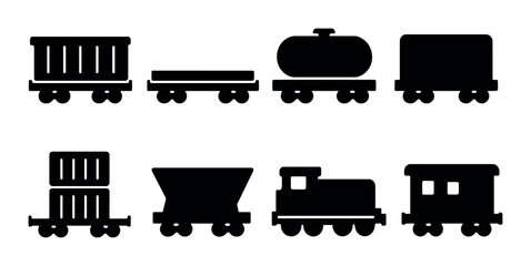 Transportation silhouette icon set. rail, cargo, and train symbols for design