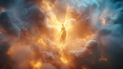 Ethereal figure with radiant wings ascends amidst swirling clouds in golden and turquoise hues, suggesting themes of transformation
