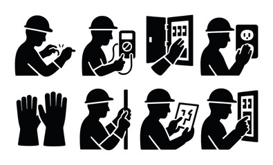 Electrician silhouette icon set: wiring, safety, and electrical work symbols