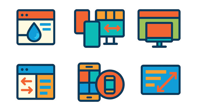 Flat vector icons of responsive and adaptive design: fluid layout icon, screen size icon, flexible grid, breakpoint monitor, layout switcher, responsive columns, mobile-first badge, auto-resize