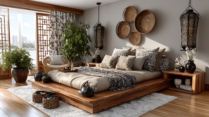 Neutral bedroom interior with Asian fusion design paper lanterns potted plants and wood flooring high resolution image