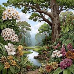 Peaceful jungle scenery with towering trees blooming plants and wildlife habitat beside crystal river high resolution image