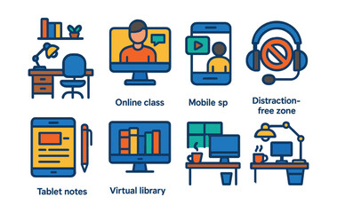 Fototapeta na wymiar Flat vector icons of online learning environment and setup: study desk setup icon, online class background, mobile study space, tablet with notes, headphone learning icon, distraction-free zone,