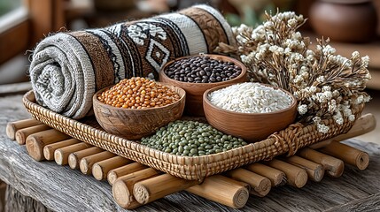 Rustic grains and pulses composition with wooden bowls woven basket and natural dried plants for organic lifestyle concept and food packaging visuals high resolution image