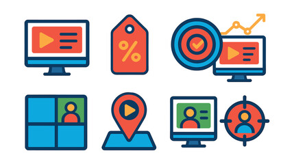 Flat vector icons of personalization and targeting: dynamic content ad, personalized offer tag, behavioral targeting badge, predictive ad engine, audience segmentation grid, smart ad placement,