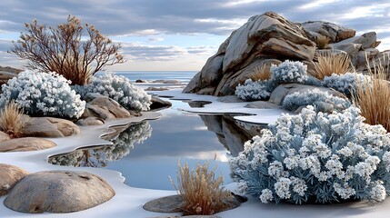 Serene frozen lake surrounded by snowy cliffs and towering ice-covered mountains under clouds high resolution image