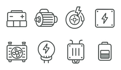 Electric components icon set in linear style. circuit board and power symbols