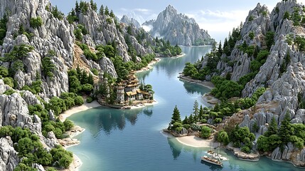 Serene river landscape with pine-covered mountains green islands and peaceful ocean horizon high resolution image