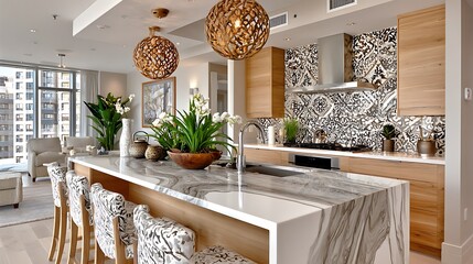 Stunning global kitchen design with polished surfaces, potted greenery and stylish wood cabinetry high resolution image