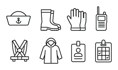 Maritime safety linear icon set. nautical, protection, and gear symbols