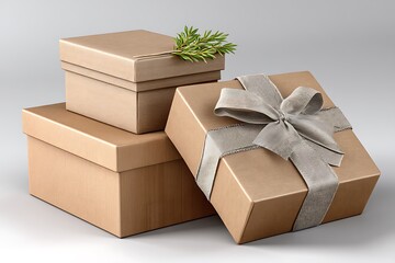 Sustainable gift box design with rustic twine wrap floral top and leafy arrangement high resolution image