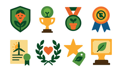 Flat vector icons of sustainability and green living awards: eco warrior badge, green innovation prize trophy, community gardener medal, zero-waste hero ribbon, clean energy advocate certificate,