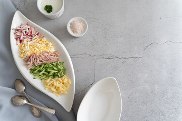 Prepared ingredients ready to be mixed in okroshka