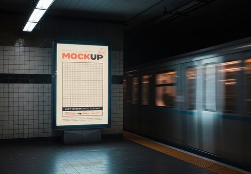 Vertical Subway Station Backlight Ad Sign Billboard Mockup