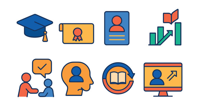 Flat vector icons of education and development: graduation cap, diploma icon, professional course card, knowledge growth bar, mentoring session, career coaching bubble, continuing education badge,