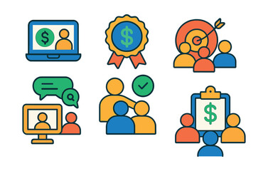 Flat vector icons of financial education and community: online finance course icon, money literacy badge, financial community forum, shared goal group, financial webinar symbol, peer support icon,