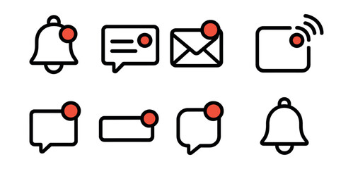 Outline with Fill icon set for notification systems: bell icon, alert dot, pop-up card, mail badge, app signal, unread message, reminder bar, bubble alert.