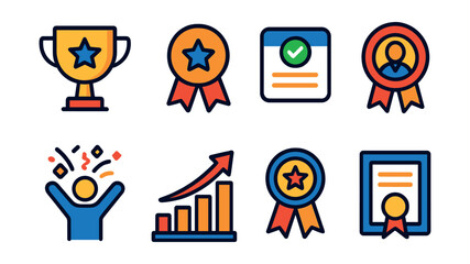 Flat vector icons of success and achievement: trophy with star, achievement ribbon, completed task icon, employee of the month badge, milestone celebration, success chart, reward badge, recognition