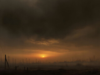 Fototapeta premium Post-Apocalyptic Sunset A Dark and Hazy Landscape Illustration