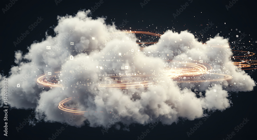 Poster abstract fluffy white cloud with glowing golden light swirls and particles, creating a magical effec