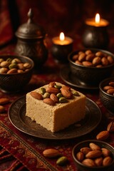 Fototapeta premium Traditional Indian sweet barfi garnished with almonds and pistachios, served on ornate metal plate with festive decor, perfect for Diwali and cultural celebration themes