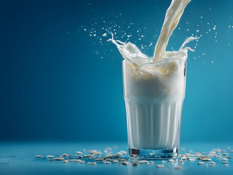 Creamy oat milk pours into a glass creating a splash against a vibrant blue background with oats scattered nearby.
