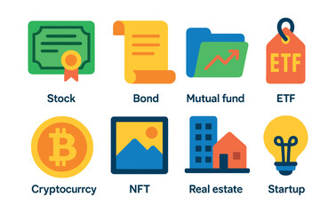 Flat vector icons of investment types and assets: stock certificate icon, bond paper scroll, mutual fund folder, ETF tag, cryptocurrency coin, NFT artwork icon, real estate building, startup