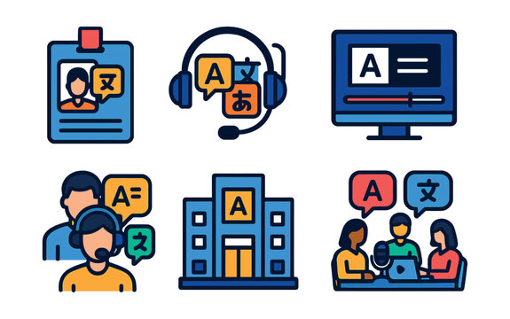 Flat vector icons of multilingual environments and translation careers: professional translator badge, interpreter headset, subtitle editor icon, UN translator desk, simultaneous interpretation icon,