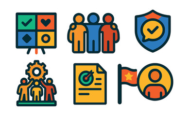 Fototapeta premium Flat vector icons of team culture and values: shared values board, inclusive team icon, communication ethics badge, diverse group symbol, team-building icon, team mission document, core principle
