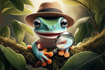 Frog with hat holding magnifying glass in realistic jungle setting. Ideal for advertising agencies, character branding, nature editorials, and high-resolution concept art.
