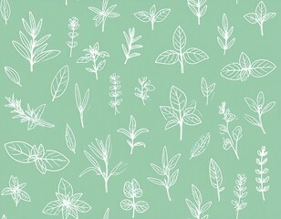 White outline herbs on mint green background