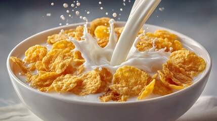 Fresh milk pours into a bowl of golden cornflakes creating a delicious and appetizing breakfast cereal splash.