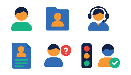 Fototapeta premium Flat vector icons of customer profiles and agents: customer avatar, client file icon, service agent headset, support team icon, client details page, user inquiry icon, agent status light, account