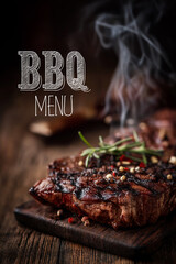 Delicious barbecue menu featuring grilled steaks, herbs, and smoke on a rustic wooden table