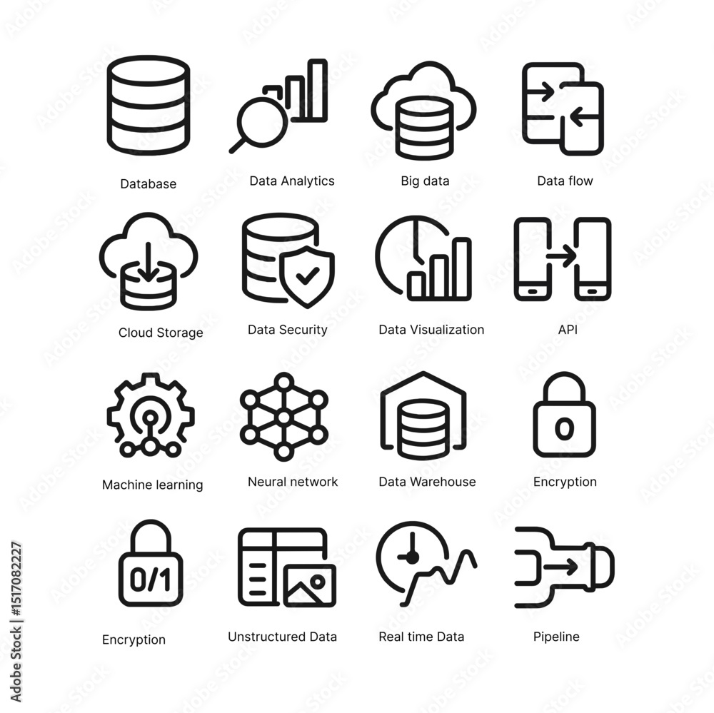 Poster set of icons data outline style simple
