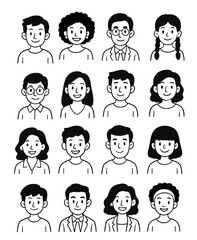 Cute avatar icons profile picture user perfect for mobile web character set of cartoon image collection for UI Male female faces Men women person outline stroke style illustrations vector group people