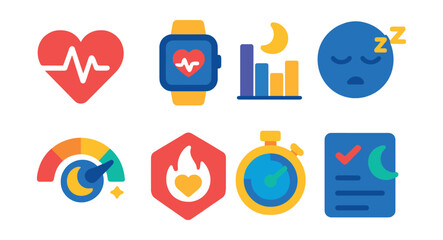 Fototapeta premium Flat vector icons of heart rate and sleep tracking: heart rate pulse icon, resting HR monitor, sleep stages graph, deep sleep icon, sleep quality meter, heart zone badge, recovery time icon, sleep