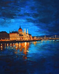 Obraz premium Nighttime cityscape of a European parliament building, reflected in a calm river, with dramatic twilight sky