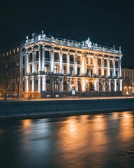 Fototapeta premium Elegant, historic building by a river at night, illuminated