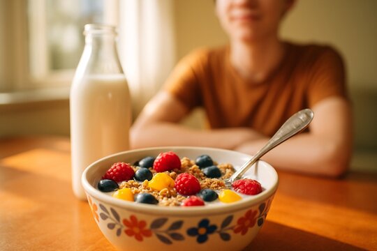 Healthy breakfast scene with a bowl of granola topped with fresh berries and fruit beside a bottle of milk, morning light, natural food, nutrition and wellness concept

