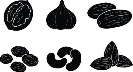 Modern Silhouette Dried Fruits & Nuts Icon Set in vector illustration